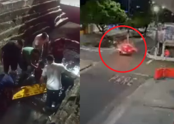 Vídeo mostra carro acertando em cheio motoqueiro e ele caindo em igarapé no Alvorada; veja