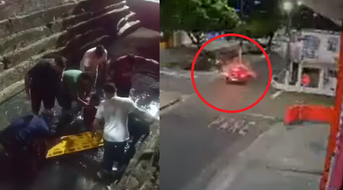 Vídeo mostra carro acertando em cheio motoqueiro e ele caindo em igarapé no Alvorada; veja