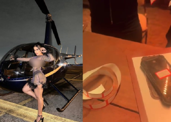 Influenciadora de Manaus chega em festa de Vini Jr de helicóptero e mostra celulares sendo confiscados