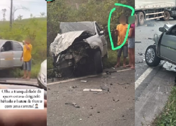 Vídeo: Motorista ‘lombrado’ que fez zigue-zague na BR-174 e bateu em carreta ainda continuou bebendo