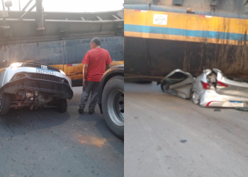 ​Veículo é esmagado por carreta na estrada do Puraquequara; veja o vídeo