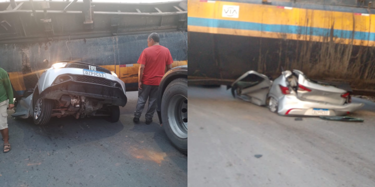 ​Veículo é esmagado por carreta na estrada do Puraquequara; veja o vídeo