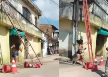 Vídeo: Mulher ficar enfurecida ao ter o ‘gato’ descoberto e derruba escada dos funcionários