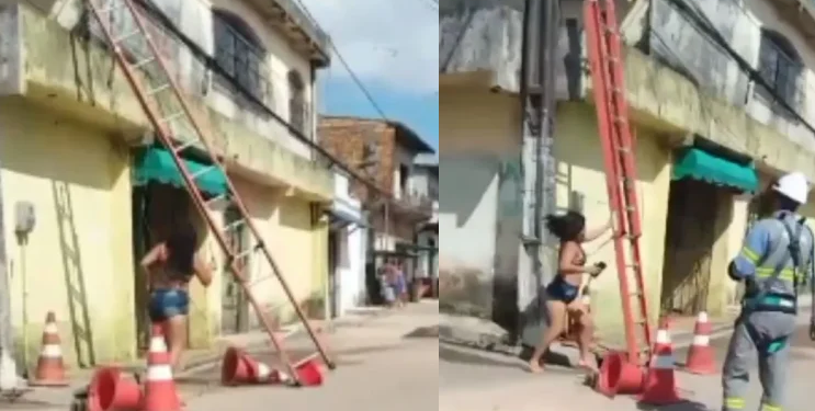 Vídeo: Mulher ficar enfurecida ao ter o ‘gato’ descoberto e derruba escada dos funcionários