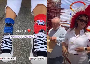 Em Parintins, Janja usa meias em homenagem a Caprichoso e Garantido: ‘encantada’