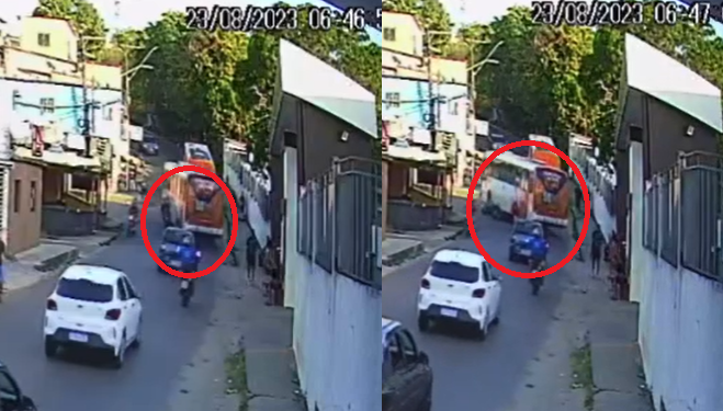 Vídeo mostra homem e mulher quase sendo esmagados por ônibus após colisão em Manaus; veja