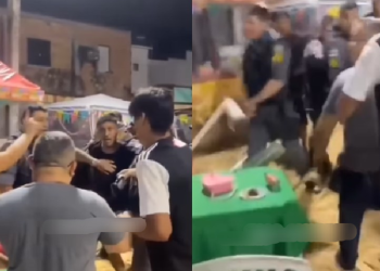 Em arraial no Lírio do Vale, PM mete a bicuda em mesa após homem ser detido; veja