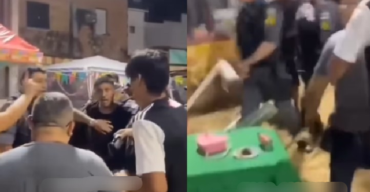 Em arraial no Lírio do Vale, PM mete a bicuda em mesa após homem ser detido; veja