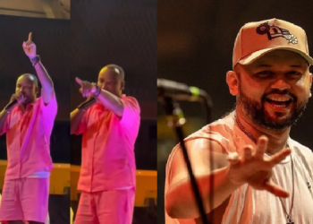 Vídeo: Do palco, Thiaguinho vê Uendel Pinheiro na Tardezinha e se declara: ‘Grande pagodeiro manauara’