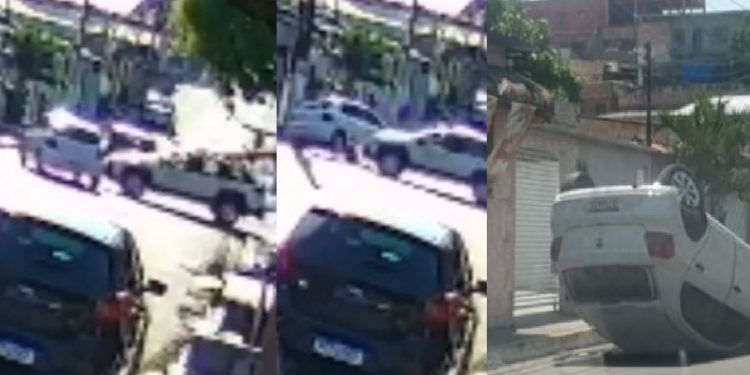 Câmera flagra momento em que carro acaba atingido por outro e capota no Alvorada