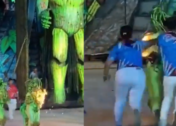 Fantasia de componente da Guerreiros Mura pega fogo e público se desespera em Manacapuru; veja