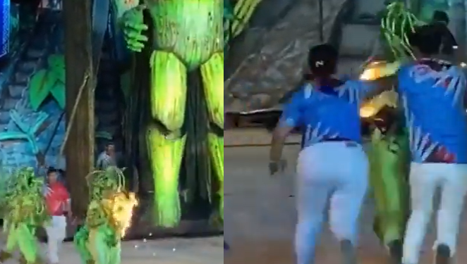 Fantasia de componente da Guerreiros Mura pega fogo e público se desespera em Manacapuru; veja