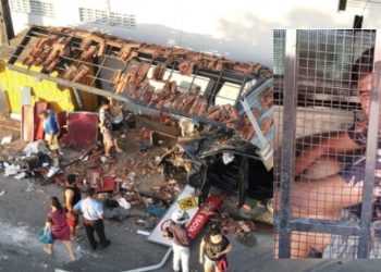 Motorista que destruiu parada é retirado dos escombros e detido com sinais de embriaguez