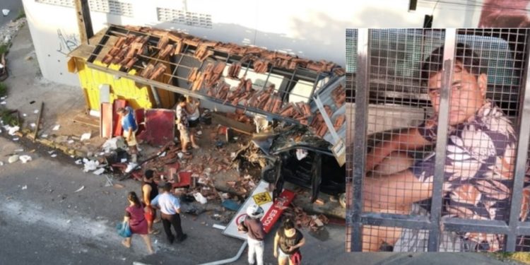 Motorista que destruiu parada é retirado dos escombros e detido com sinais de embriaguez