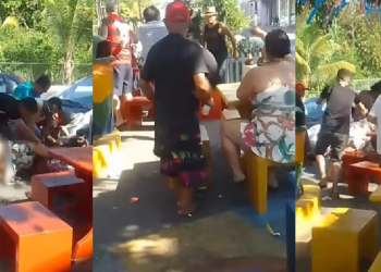 Dois contra um: casal senta a mão em mulher e uma delas fica com tudo à mostra em pagode no P 10; veja