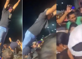 Vídeo: Prefeito se empolga, tenta cair ‘nos braços do povo’ e dá de cara com o chão