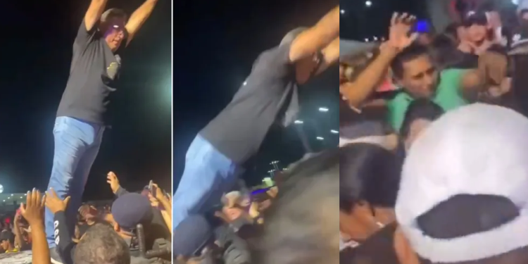 Vídeo: Prefeito se empolga, tenta cair ‘nos braços do povo’ e dá de cara com o chão