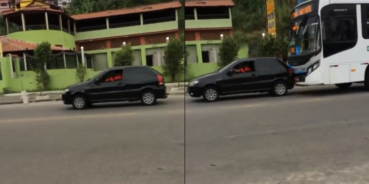 Durante discussão de trânsito motorista de Palio tenta parar um ônibus com marcha ré
