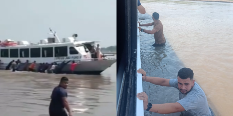 Lancha bate em banco de areia e passageiros precisam descer e empurrar embarcação