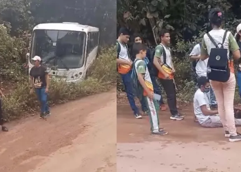 Ônibus escolar com 20 alunos quase cai em ribanceira no Amazonas