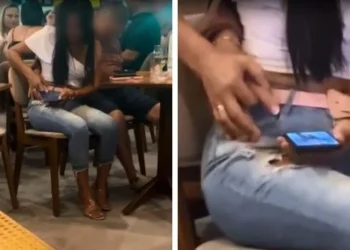 Vídeo: Mulher tenta desbloquear celular do marido após ele ficar bêbado e dormir em bar