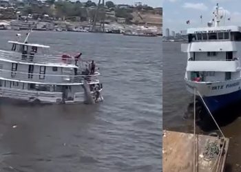Estiagem faz embarcação de grande porte encalhar na entrada de Manaus;  veja vídeo