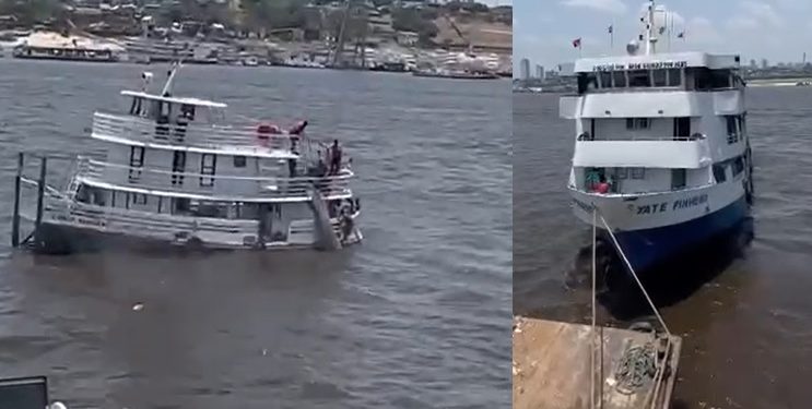 Estiagem faz embarcação de grande porte encalhar na entrada de Manaus;  veja vídeo