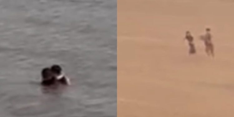 ​Mesmo com Ponta Negra interditada, casal aproveita pra dar uma rapidinha refrescante