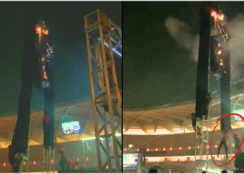 Caixa de som pega fogo no PUMP e bombeiro cai de estrutura ao tentar apagar