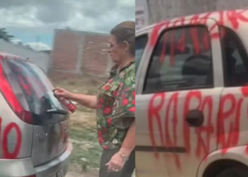 Vídeo: Primeira-dama é flagrada vandalizando carro da suposta amante do marido e escrevendo ‘rapariga’