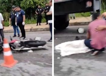 VÍDEO: Após chuva em Manaus, motoqueiro cai e morre embaixo de carreta