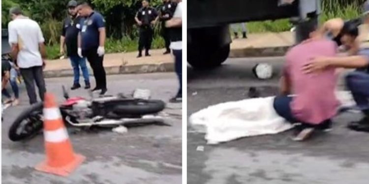 VÍDEO: Após chuva em Manaus, motoqueiro cai e morre embaixo de carreta