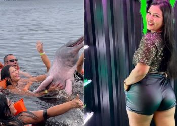 Talarica da Bemol mergulha no rio e seguidor pergunta ‘se esposa do boto sabe onde ele tá se metendo’