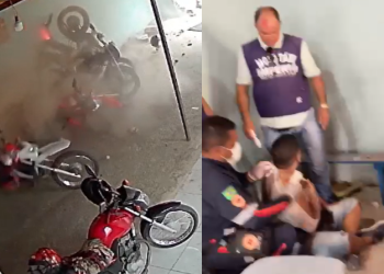 Vídeos: Em alta velocidade, motoqueiro se quebra todo ao destruir ponto de mototaxistas e motos