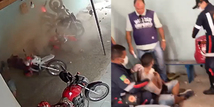Vídeos: Em alta velocidade, motoqueiro se quebra todo ao destruir ponto de mototaxistas e motos
