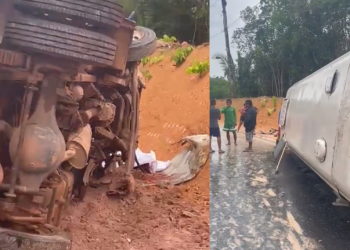 Vídeo: Homem morre após micro-ônibus capotar durante chuva na AM-010