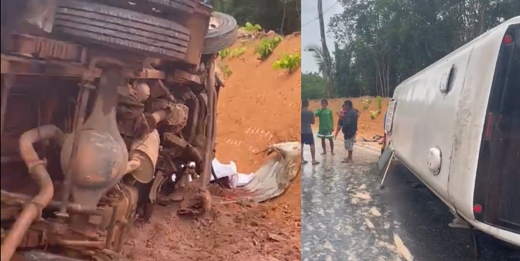 Vídeo: Homem morre após micro-ônibus capotar durante chuva na AM-010