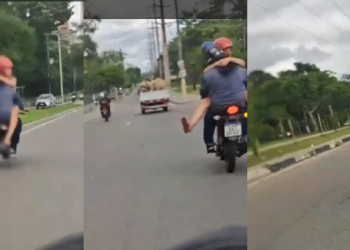 ‘Vem sentando no colinho do pai’: Mulher é flagrada sentada em motoqueiro em avenida de Manaus; veja
