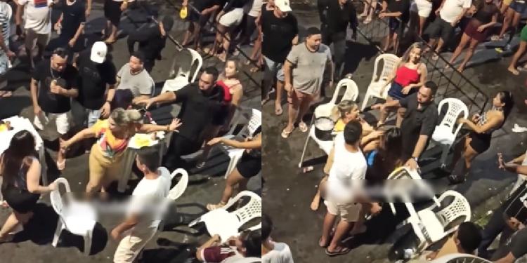 Mulher tem crise de ciúmes com o ‘presente de Deus’ e tenta quebrar novinha em pagode do Alvorada; vídeo