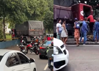 Vídeos: Homem passa mal, invade calçada e fica com o caminhão pendurado em Manaus