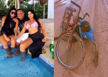Prefeito do interior do AM se esbalda com as ‘novinhas’ na piscina e população sofre na lama