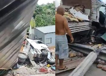 Vídeos urgentes: caminhão despenca e cai em cima de duas casas em Manaus