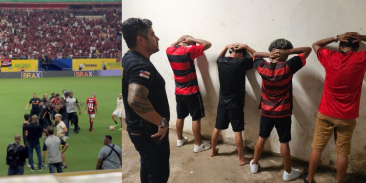 Vídeo: Flamenguistas se empolgam demais, invadem campo na Arena da Amazônia e acabam presos