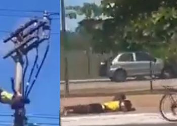Vídeo: ladrão de cabos se desequilibra, cai do poste e se arrebenta na calçada
