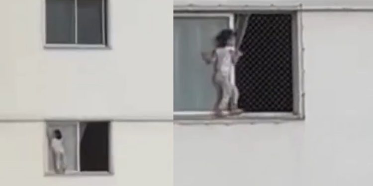 Vídeo: menino desafia a morte na janela do apartamento e apavora vizinhos