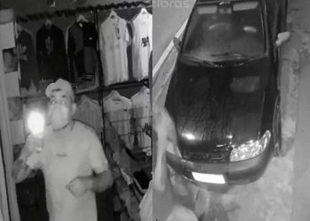 Bandidão esconde cara com máscara de covid e boné para assaltar no Alvorada