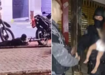 Homem atira na cabeça da ex-esposa, faz a filha bebê de refém e leva tiro da polícia na mão