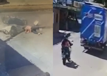 Vídeo: Caminhão da Bemol sinaliza, motociclista avança e mulher na garupa sofre acidente no Petrópolis