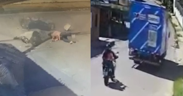 Vídeo: Caminhão da Bemol sinaliza, motociclista avança e mulher na garupa sofre acidente no Petrópolis