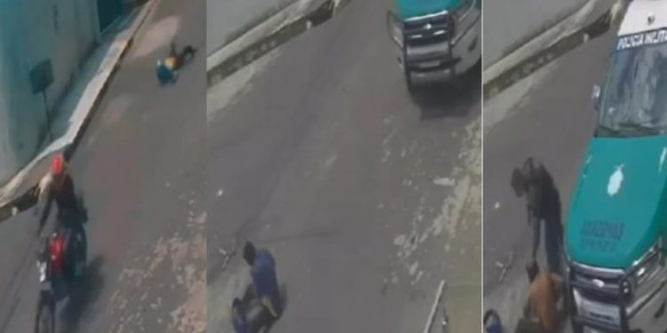 Vídeo: bandido tenta fugir da PM em Manaus, mas cai da moto e se estrepa no chão